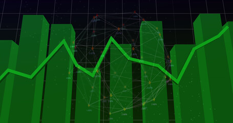 Image of network of connections over financial data processing on black background