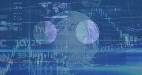Image of globe and graphs and financial data over blue space