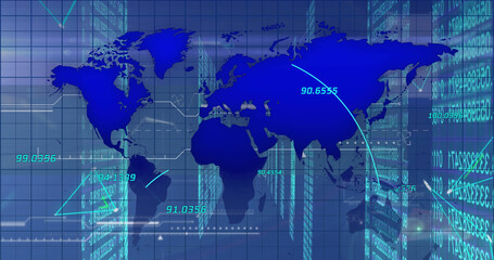 Fototapeta na wymiar Image of world map over data processing on black background