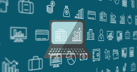Image of financial icons over laptop on green background