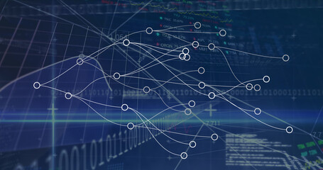 Image of network of connections over data processing on black background