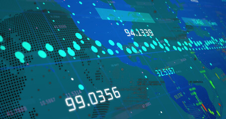 Image of graphs and data over world map on green background