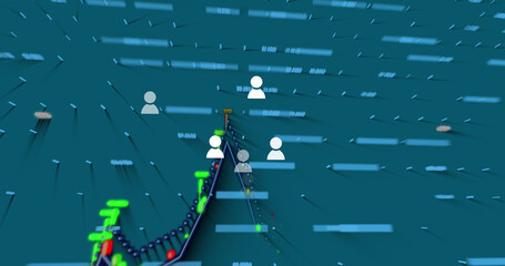 Image of clock over diverse data processing and spots on blue background