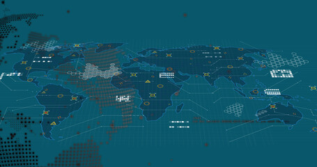 Image of globe and diverse data over world map on green background