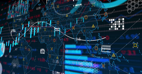 Image of financial data processing over world map