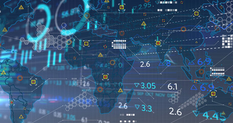 Image of financial data processing over world map