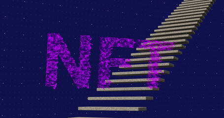 Image of nft text and stairs on blue background