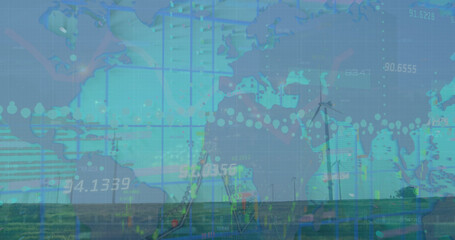Fototapeta premium Image of data processing over wind turbines