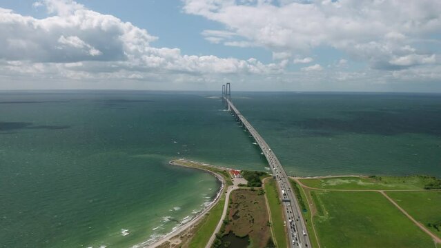 Aerial view on the famous Great Belt suspension bridge (&Oslash;stbroen) in Denmark from Halsskov side