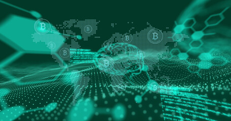 Image of scientific data, brains and world map on dark green background