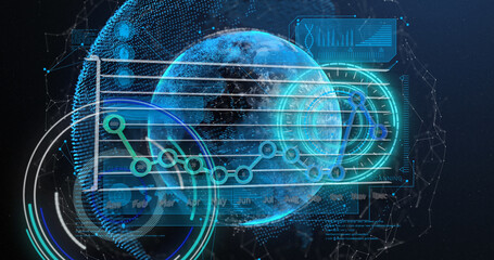 Image of globe, processing circles and graphs on navy background