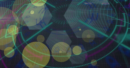 Image of green shapes and icons over data processing on green background