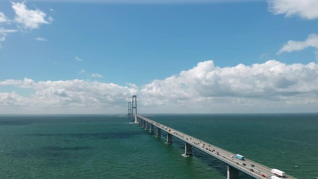 Aerial view on the famous Great Belt suspension bridge (&Oslash;stbroen) in Denmark, a multi-element fixed link crossing the Great Belt strait between the Danish islands of Zealand and Funen