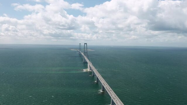 Aerial view on the famous Great Belt suspension bridge (&Oslash;stbroen) in Denmark, a multi-element fixed link crossing the Great Belt strait between the Danish islands of Zealand and Funen