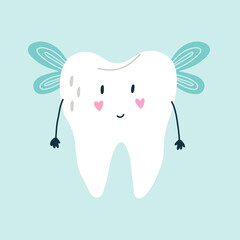 Cute smiling character white tooth fairy with blue wings pink cheeks in the shape of hearts in blue isolated background. Vector flat medicine cartoon character for children design