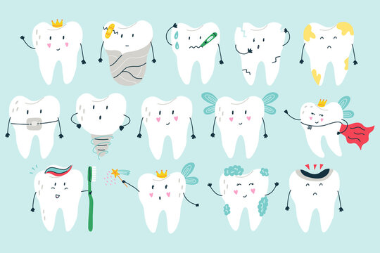 Big collection of cartoon characters white fairy healthy and painful teeth with different emotions in blue isolated background. Vector flat medicine cartoon character for children design