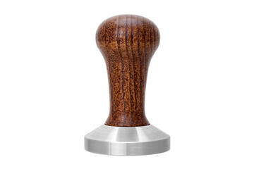 Barista tool for pressing coffee tamper with brown wooden handle, object isolated on white. Barman...