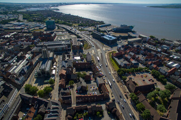 Fototapeta na wymiar aerial view of Vehicles on the A63 Castle street, Kingston upon Hull city Rush Hour traffic 