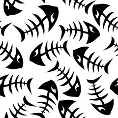 black and white seamless pattern of fish skeletons, repeating black pattern on a white background, design