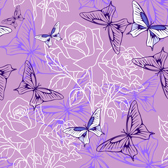 seamless pattern of white graphic roses and purple butterflies on purple background, texter, design