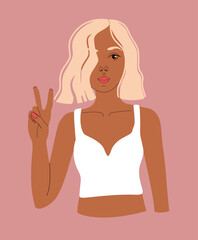 A woman shows a sign of peace. Pretty blonde; white top on a woman; young girl with caret; Fancy Hairstyle; vector illustration. Retro style. Summer fashion. Portrait of a young woman.