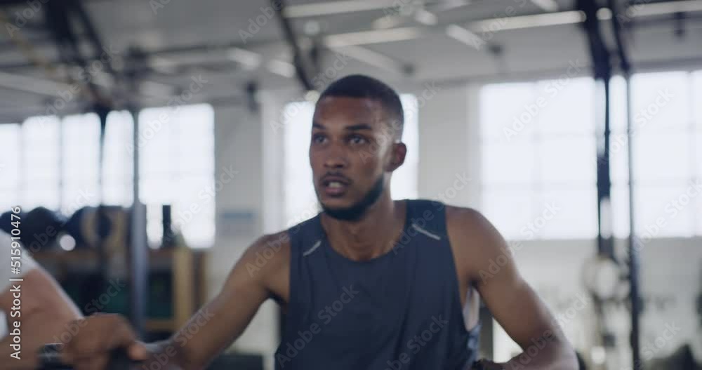 Sticker Serious and sporty people during a spinning class at the gym. Fit people using air bikes for cardio exercise in a fitness facility. Group of sweaty men and women listening to music while exercising