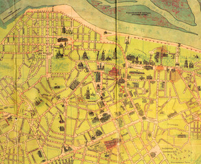 Kiev city plan of 1900. Old drawing map background