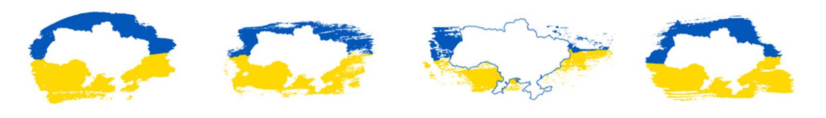 Naklejka premium Ukrainian flag set grunge brush stroke, map outline, isolated white background. Blue, yellow color. T-shirt print design textile, fabric. Symbol Ukraine. Design patriotism freedom Vector illustration
