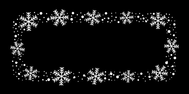 Snow border frost frame. Christmas texture, isolated on black background. Snowflake abstract effect. Holiday border, silver glitter. Blizzard design. Winter snow fall decoration Vector illustration