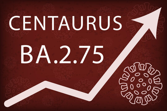 Omicron sub-variant BA.2.75 also known as Centaurus. The arrow shows a dramatic increase in disease. White text on dark red background with images of coronavirus.
