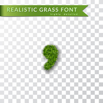 Grass symbol coma, apostrophe text, alphabet 3D design. Green font isolated white transparent background. Symbol eco nature, environment, save the planet. Detailed lush meadow Vector illustration