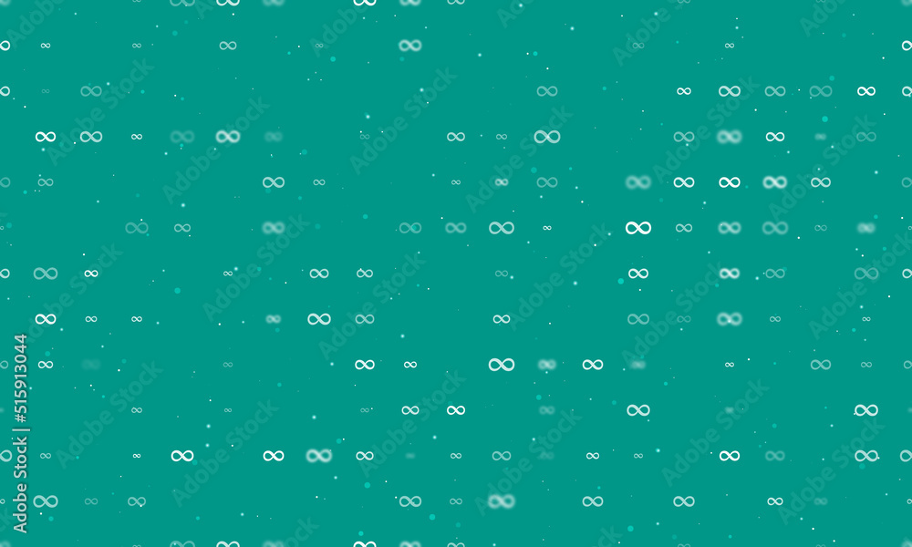 Poster seamless background pattern of evenly spaced white infinity symbols of different sizes and opacity. 