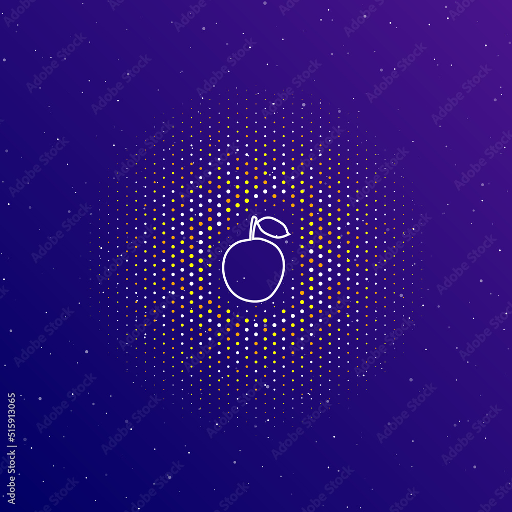 Poster a large white contour apple symbol in the center, surrounded by small dots. dots of different colors