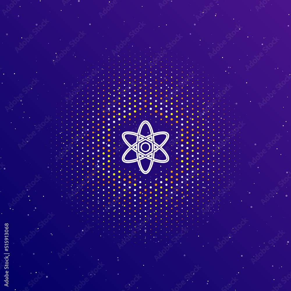 Poster a large white contour atomic symbol in the center, surrounded by small dots. dots of different color