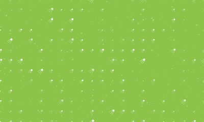 Seamless background pattern of evenly spaced white satellite symbols of different sizes and opacity. Vector illustration on light green background with stars