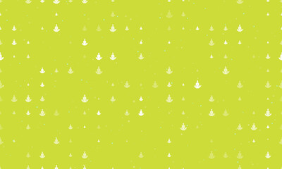 Seamless background pattern of evenly spaced white yoga symbols of different sizes and opacity. Vector illustration on lime background with stars