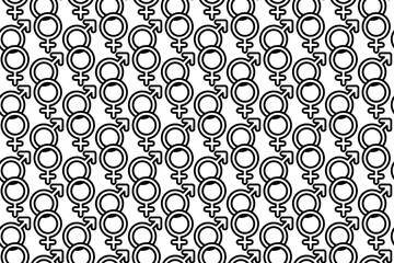 Seamless pattern completely filled with outlines of gender symbols. Elements are evenly spaced. Vector illustration on white background