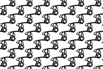 Seamless pattern completely filled with outlines of beach symbols. Elements are evenly spaced. Vector illustration on white background