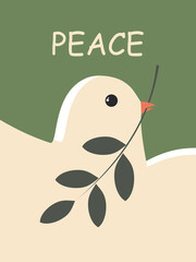 International Day of Peace. White dove on a green vertical poster. Peace to Ukraine. 