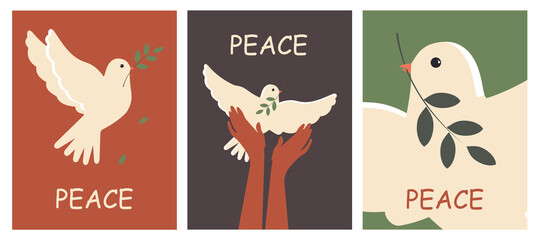 International Day of Peace. Set print. White dove on a green, black and brown vertical poster. Peace to Ukraine.