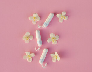 Women's and gynecological health care. Menstrual cycle. Hygiene care during critical days. Tampon woman Clean and safe Menstruation, means of protection.