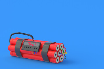 Dynamite bomb with digital timer in corner. Countdown and deadline. Copy space. 3d rendering