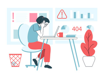 Desperate woman in front of the computer with 404 error. Flat office problem. Software failure