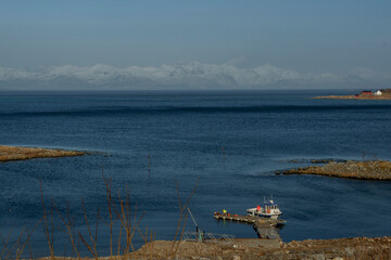 Obraz premium Incredible and famous mountain scenery by the sea in springtime in Norway in the Lofoten Islands.