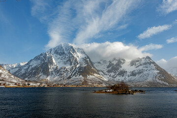 Incredible and famous mountain scenery by the sea in springtime in Norway in the Lofoten Islands.