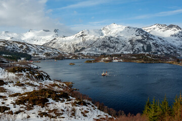 Incredible and famous mountain scenery by the sea in springtime in Norway in the Lofoten Islands.