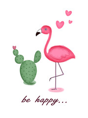 pink flamingo and cactus greeting card