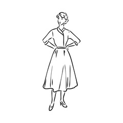 Black and white retro fashion model in sketch style. Hand drawn vector illustration