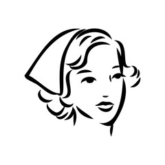 Black and white retro fashion model in sketch style. Hand drawn vector illustration