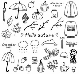 Autumn cozy set of doodle elements. Hand drawn isolated sweaters, cup of tea, umbrellas, leaves, pumpkins, clouds. Cute autumn vector illustration. © Sam